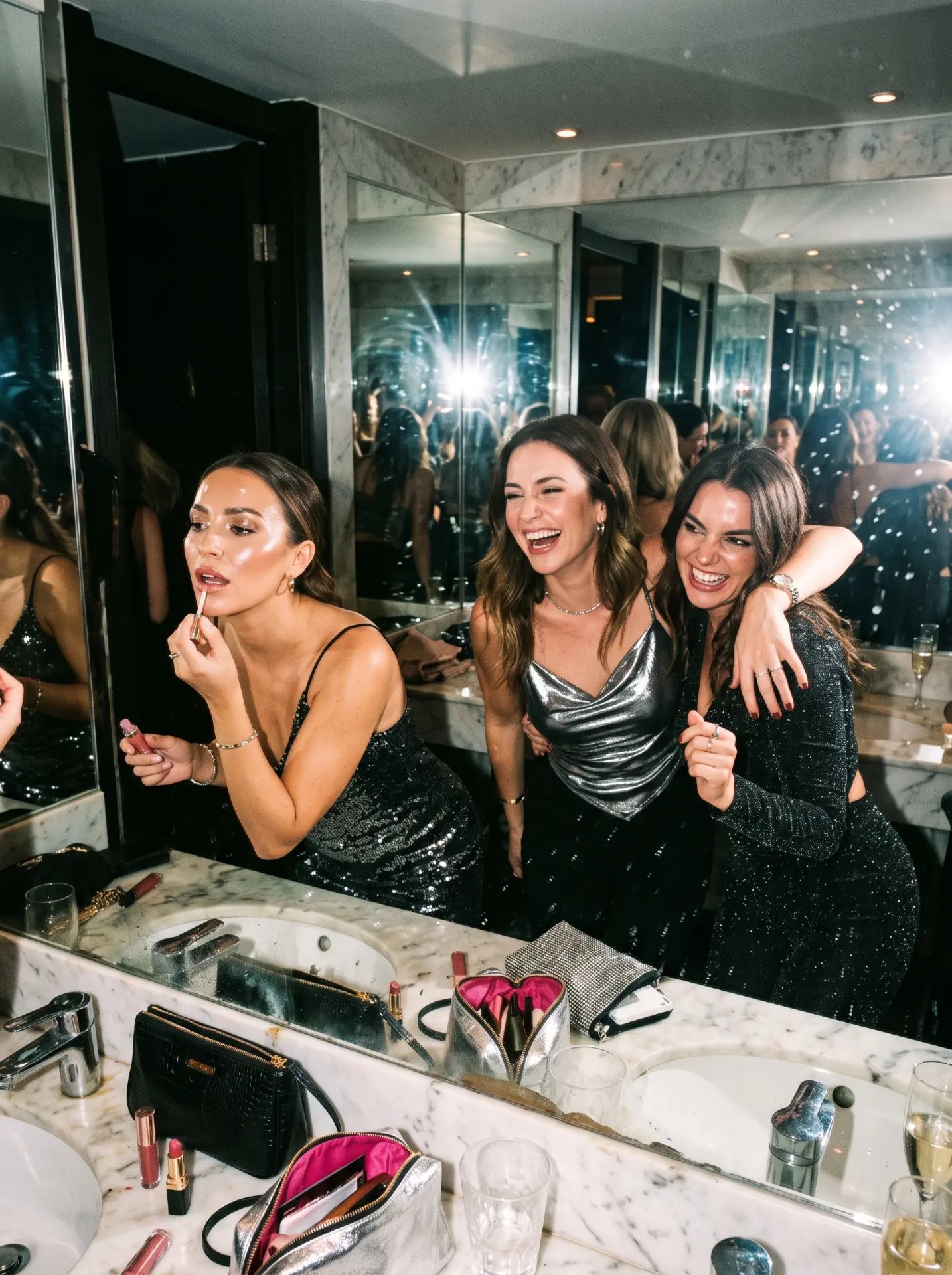 Friends getting ready together in a mirrored bathroom